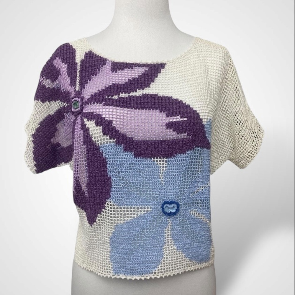 Crochet Knit Blouse Top Size M Cottagecore Boho Festival Beach Handmade Y2K
